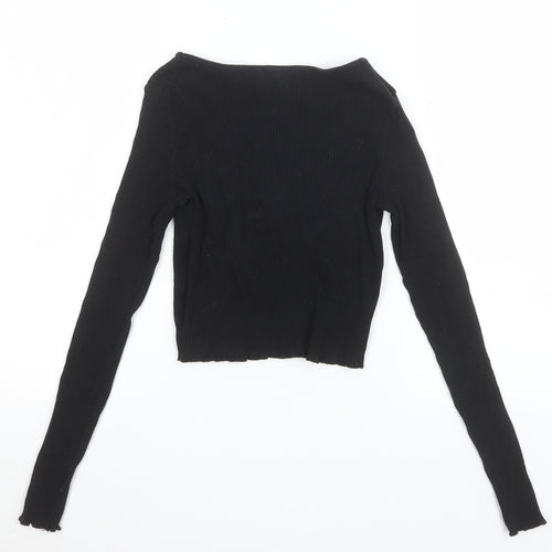 Cotton:On Women's Black Cropped Tie Front Ribbed Long Sleeve Top XS
