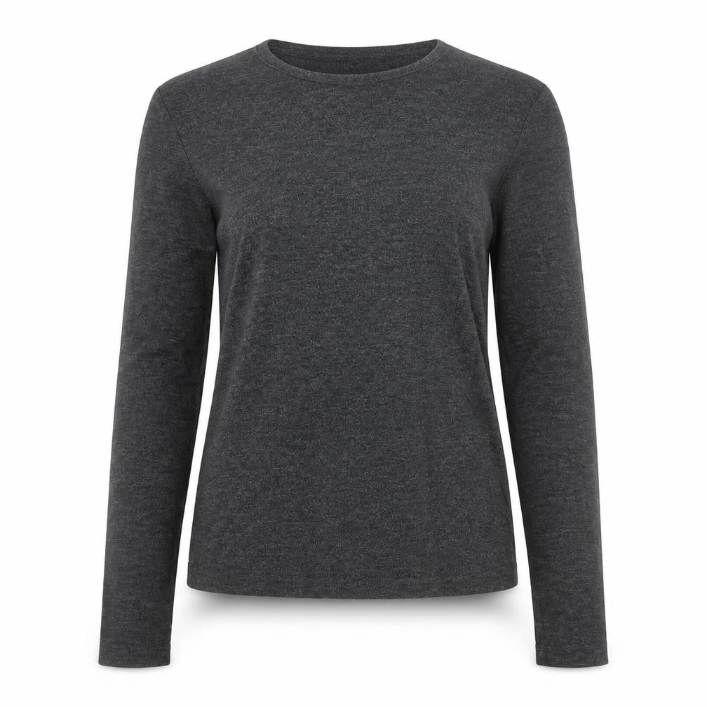 Front view of Mango women’s grey long sleeve basic crew neck jersey top, size M