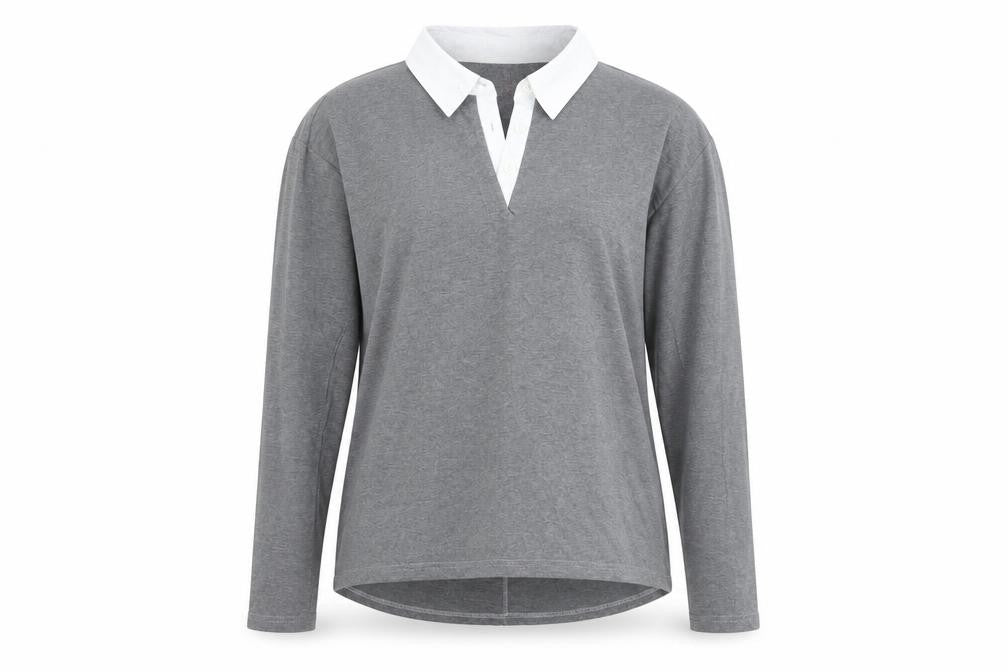 Front view of NESAA Women Grey Collared Long Sleeve Button-Up Top M