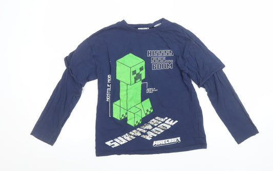 Marks and Spencer Boys Blue Minecraft Creeper Long Sleeve T-Shirt 10-11 Years