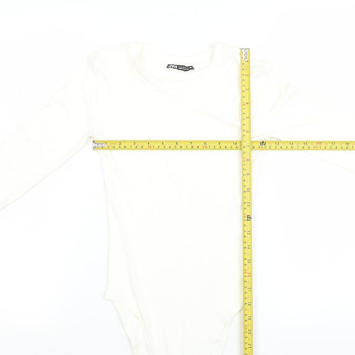 ZARA Women Ivory Long Sleeve Bodysuit Size S Stretch Cotton Blend