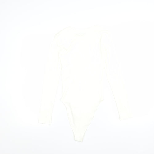 ZARA Women Ivory Long Sleeve Bodysuit Size S Stretch Cotton Blend