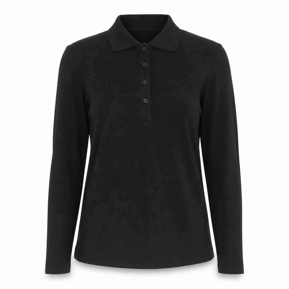 Front view of B&C Collection Women's Black Long Sleeve Cotton Polo Top M