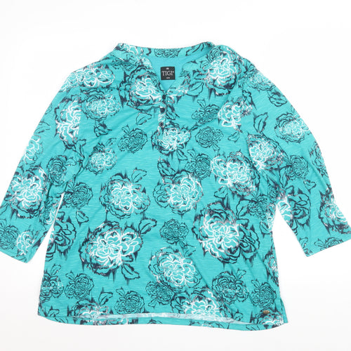 TIGI Womens Blue Floral V-Neck 3/4 Sleeve Tunic Blouse Size 14