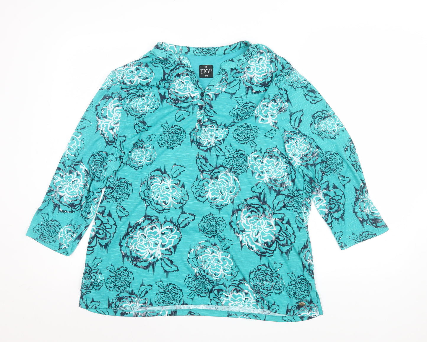 TIGI Womens Blue Floral V-Neck 3/4 Sleeve Tunic Blouse Size 14