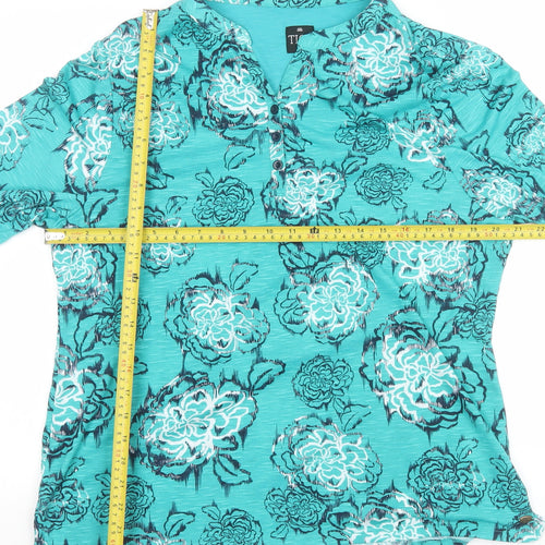 TIGI Womens Blue Floral V-Neck 3/4 Sleeve Tunic Blouse Size 14