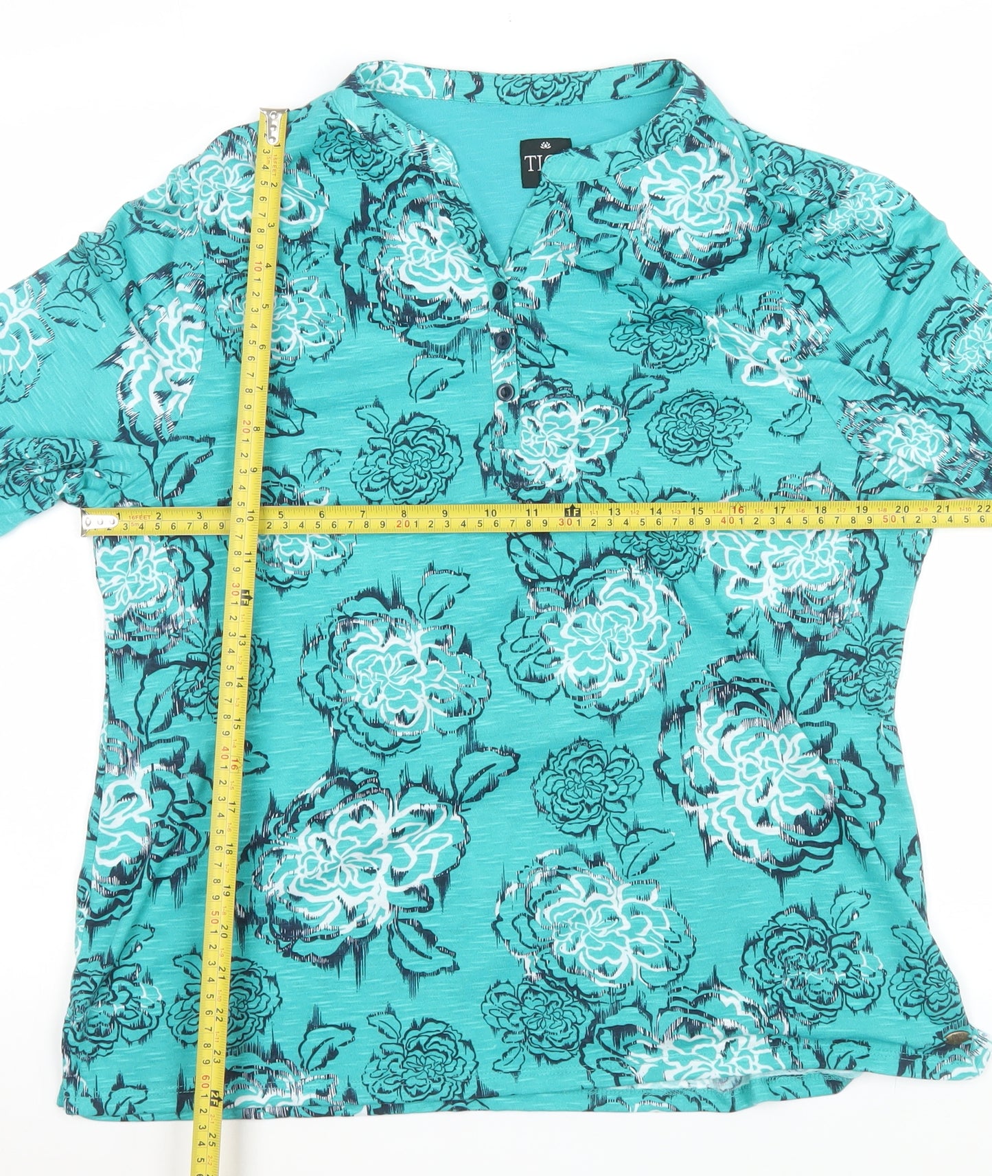 TIGI Womens Blue Floral V-Neck 3/4 Sleeve Tunic Blouse Size 14
