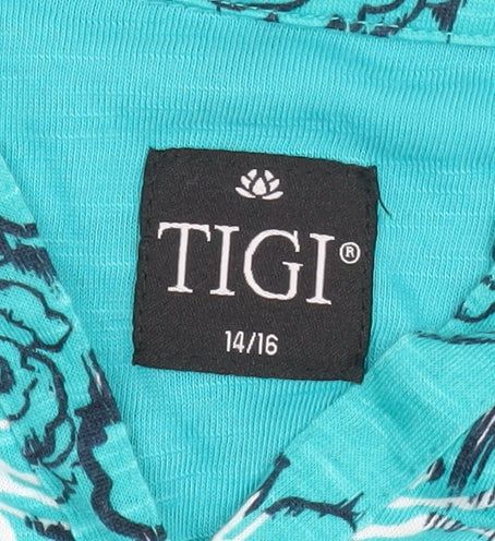TIGI Womens Blue Floral V-Neck 3/4 Sleeve Tunic Blouse Size 14