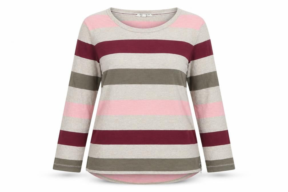 FatFace Women Beige Pink Striped Long Sleeve Cotton T-Shirt UK 8