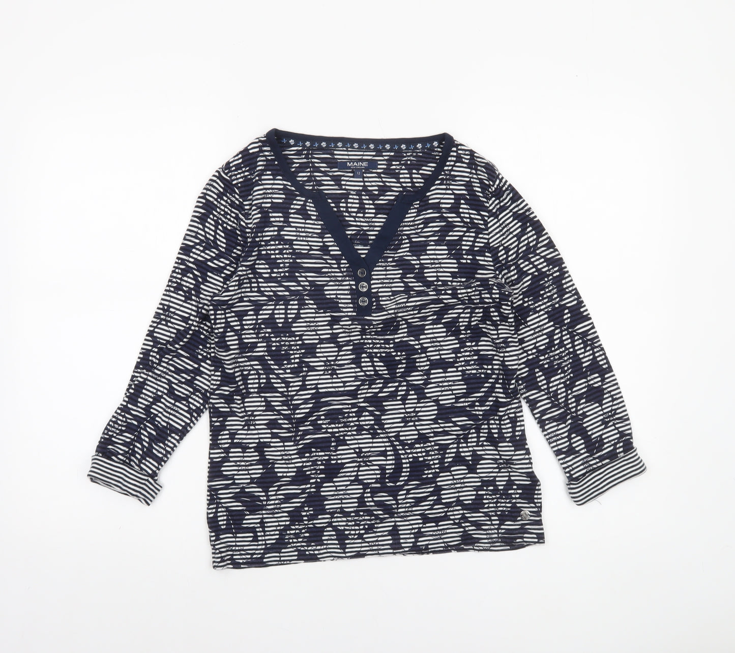 Maine New England Women's Blue Floral 3/4 Sleeve Cotton T-Shirt Size 12