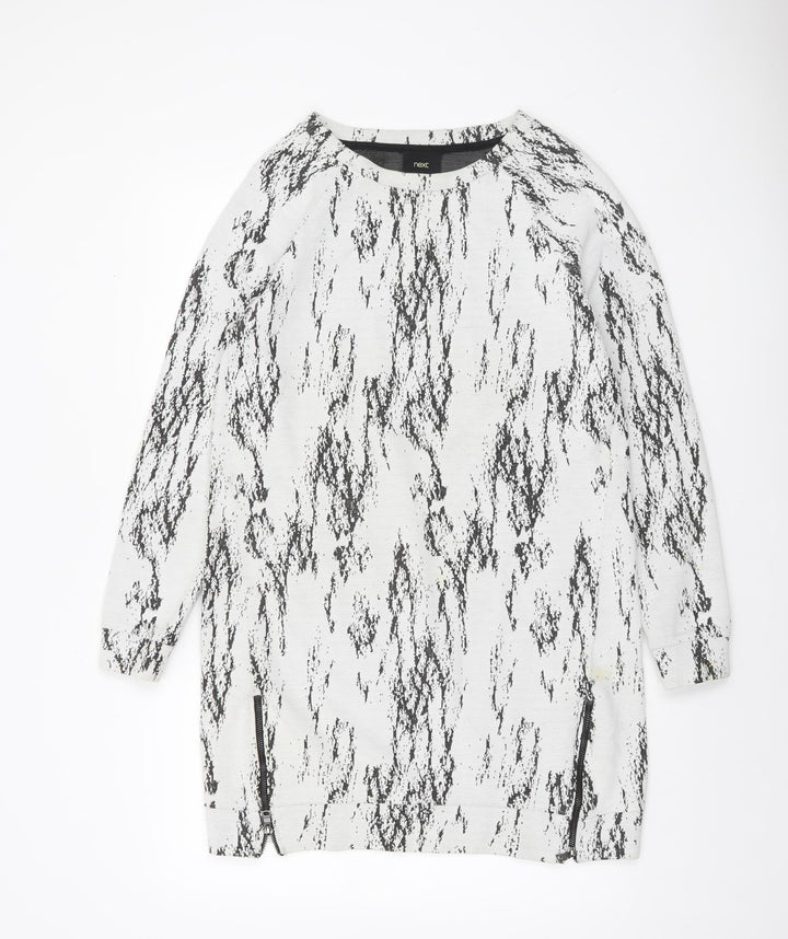 Next Women Grey Abstract Knit Shift Dress Size 14 Long Sleeve Zip Detail