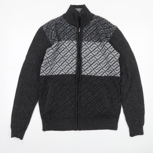 Amparo Men’s Grey Full Zip Wool Blend Geometric Knit Jumper 3XL