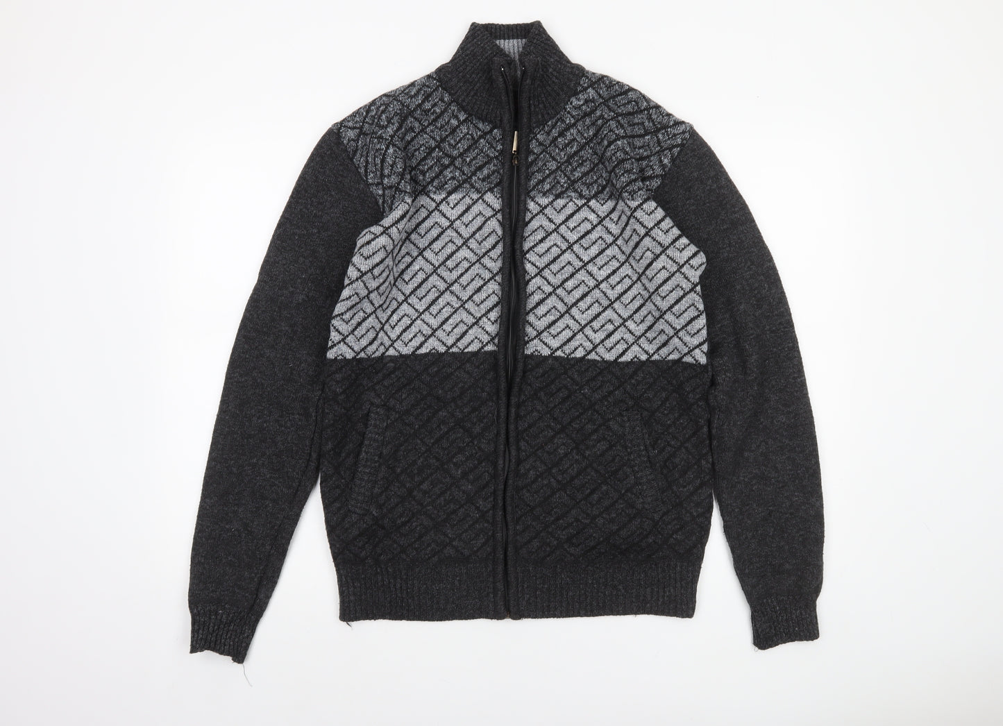 Amparo Men’s Grey Full Zip Wool Blend Geometric Knit Jumper 3XL