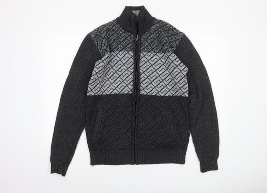 Amparo Men’s Grey Full Zip Wool Blend Geometric Knit Jumper 3XL
