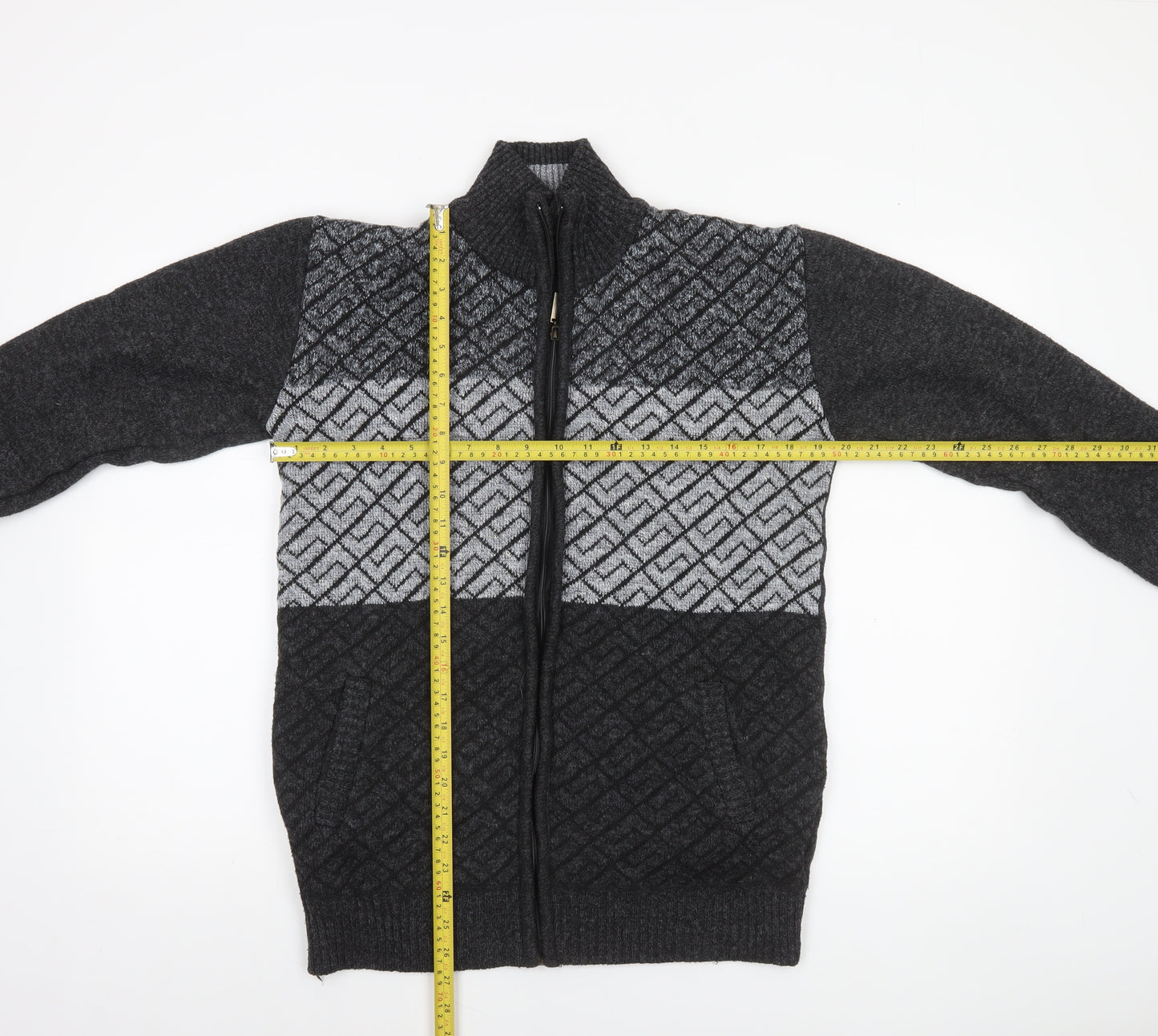 Amparo Men’s Grey Full Zip Wool Blend Geometric Knit Jumper 3XL