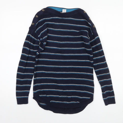 Max Studio Women's Blue Striped Cotton Boat Neck Button Jumper XS
