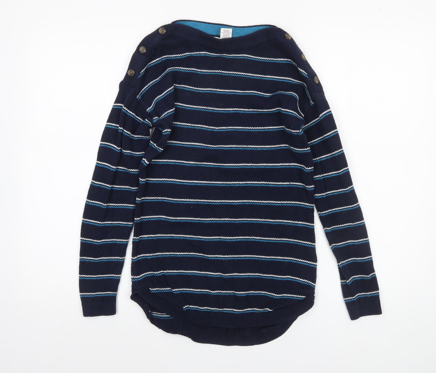 Max Studio Women's Blue Striped Cotton Boat Neck Button Jumper XS
