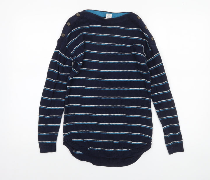 Max Studio Women's Blue Striped Cotton Boat Neck Button Jumper XS