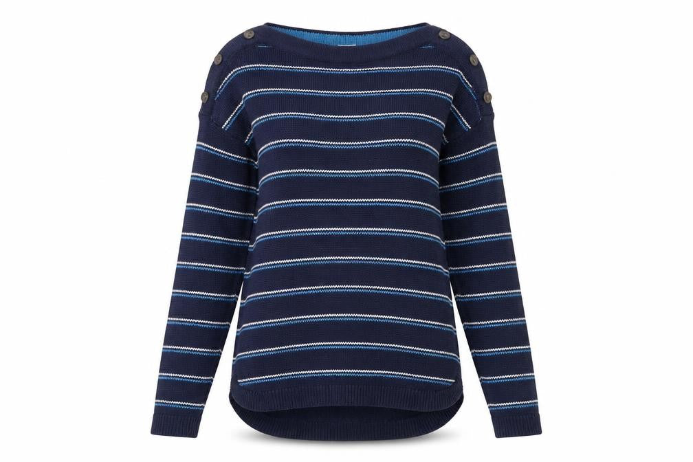 Front view of Max Studio Women's Blue Striped Cotton Boat Neck Button Jumper XS