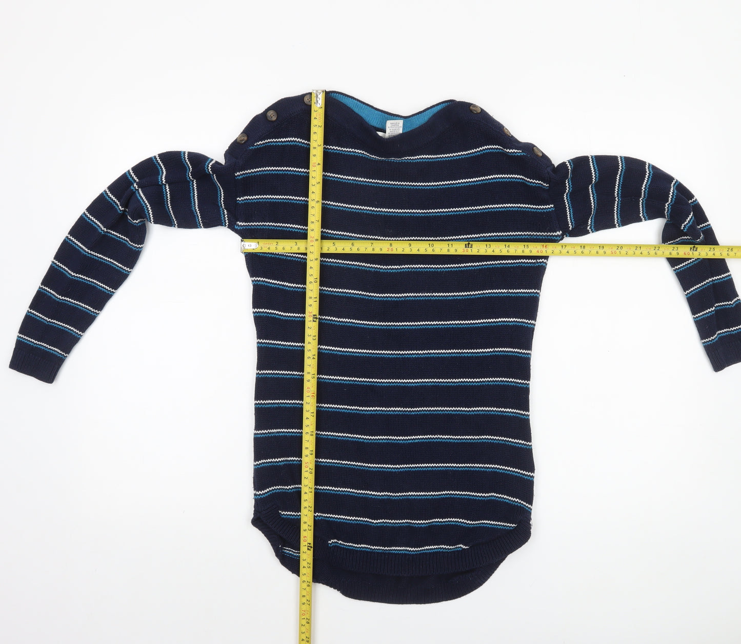 Max Studio Women's Blue Striped Cotton Boat Neck Button Jumper XS