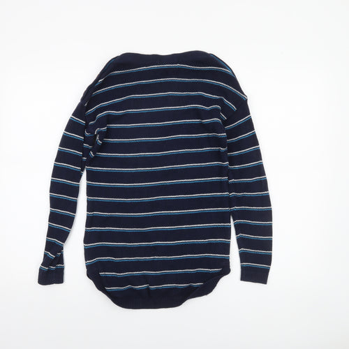 Max Studio Women's Blue Striped Cotton Boat Neck Button Jumper XS
