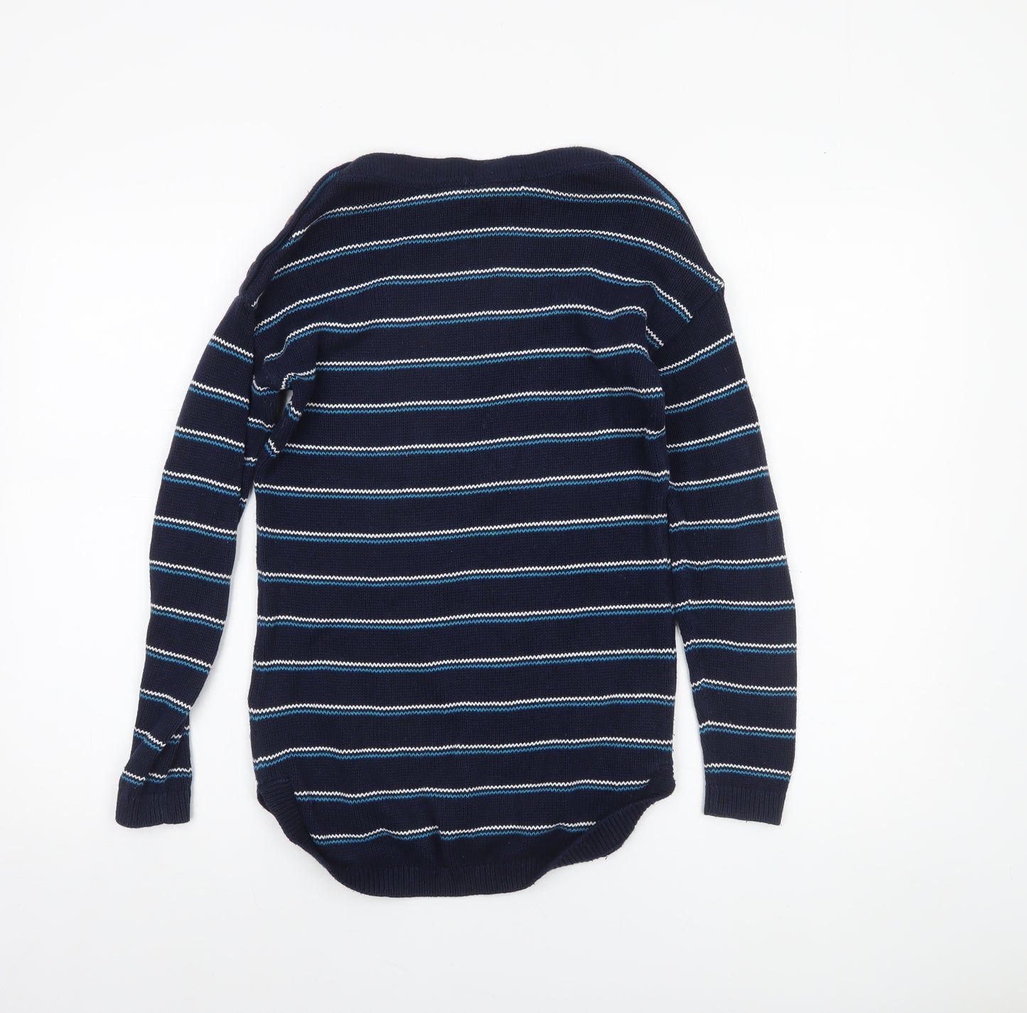 Max Studio Women's Blue Striped Cotton Boat Neck Button Jumper XS