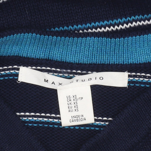 Max Studio Women's Blue Striped Cotton Boat Neck Button Jumper XS
