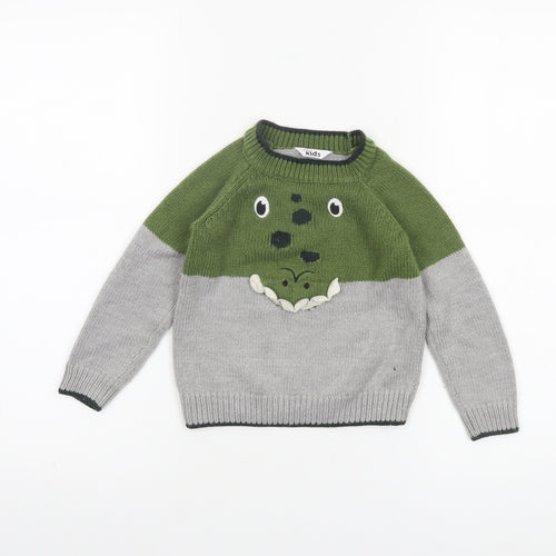 M&Co Boys Green Grey Dinosaur Jumper 2-3 Years Acrylic Knit Pullover