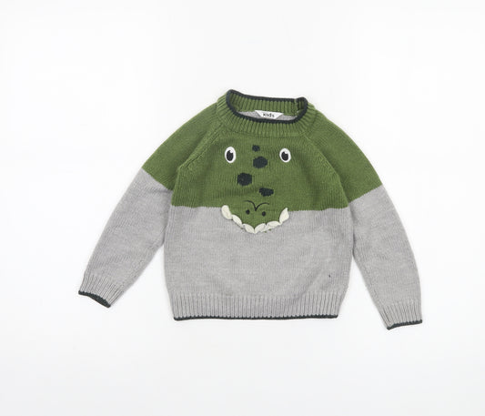 M&Co Boys Green Grey Dinosaur Jumper 2-3 Years Acrylic Knit Pullover