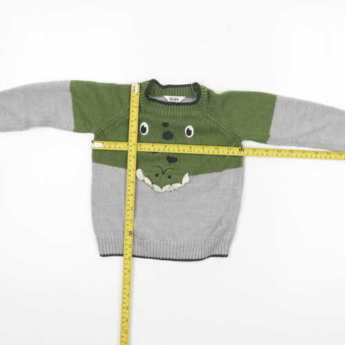 M&Co Boys Green Grey Dinosaur Jumper 2-3 Years Acrylic Knit Pullover