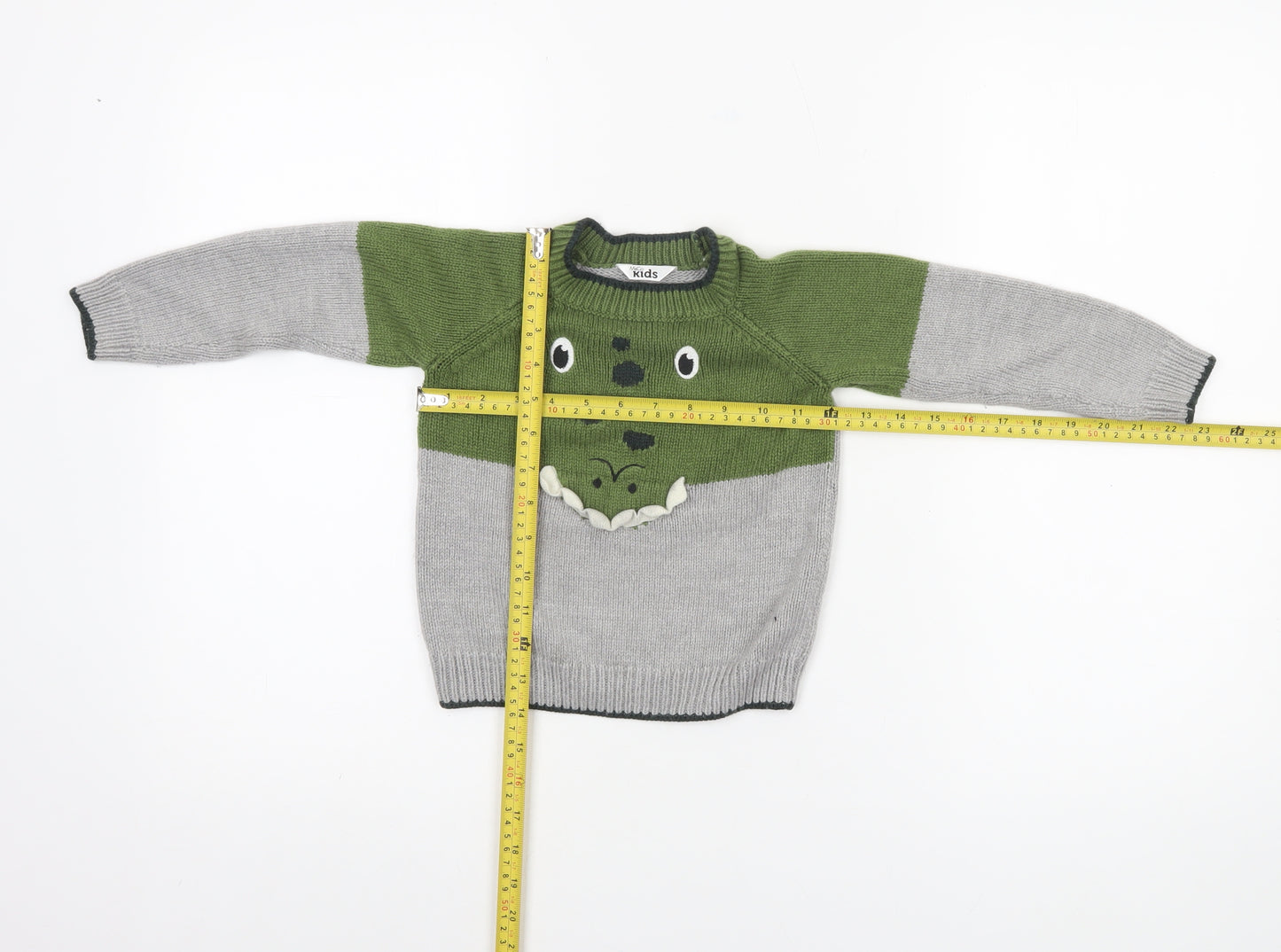 M&Co Boys Green Grey Dinosaur Jumper 2-3 Years Acrylic Knit Pullover