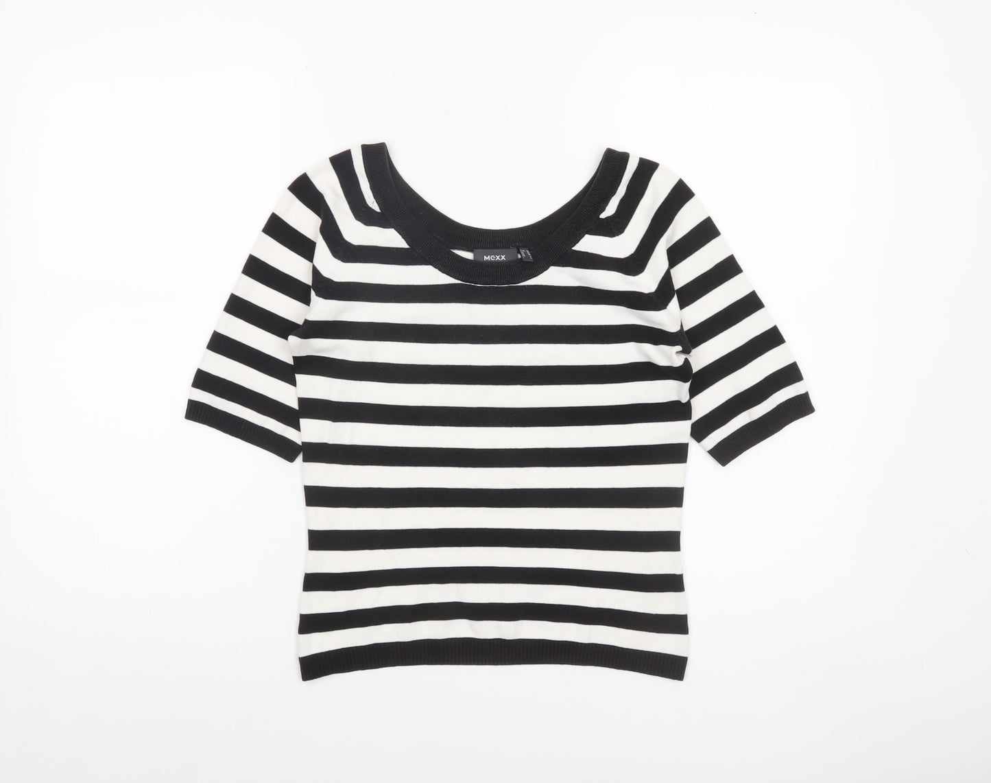 Mexx Women’s Black White Striped Knit Jumper Medium Short Sleeve
