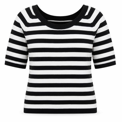 Mexx Women’s Black White Striped Knit Jumper Medium Short Sleeve