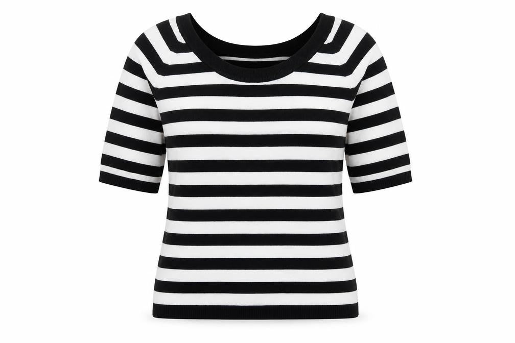 Mexx Women’s Black White Striped Knit Jumper Medium Short Sleeve