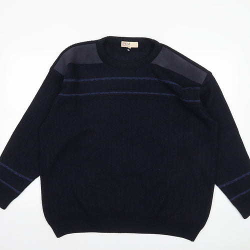 EWM Men's Blue Suede Shoulder Crew Neck Pullover Jumper L