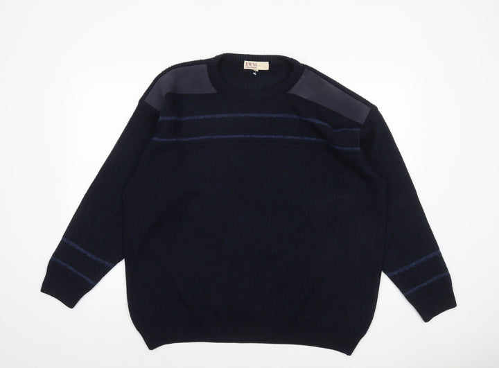 EWM Men's Blue Suede Shoulder Crew Neck Pullover Jumper L