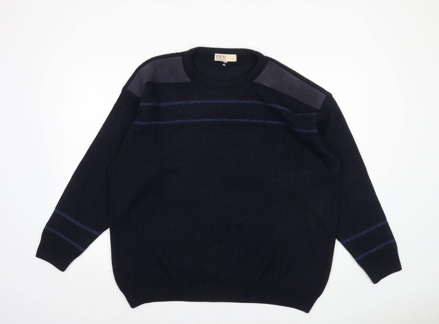 EWM Men's Blue Suede Shoulder Crew Neck Pullover Jumper L