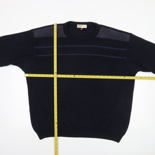 EWM Men's Blue Suede Shoulder Crew Neck Pullover Jumper L