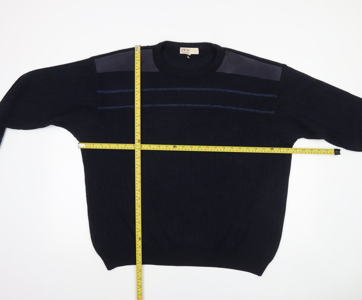 EWM Men's Blue Suede Shoulder Crew Neck Pullover Jumper L