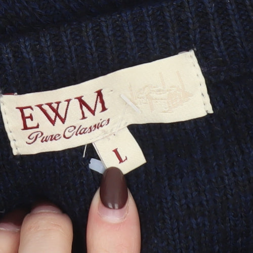 EWM Men's Blue Suede Shoulder Crew Neck Pullover Jumper L