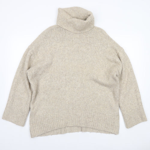 H&M Women Beige Roll Neck Chunky Knit Jumper Size M