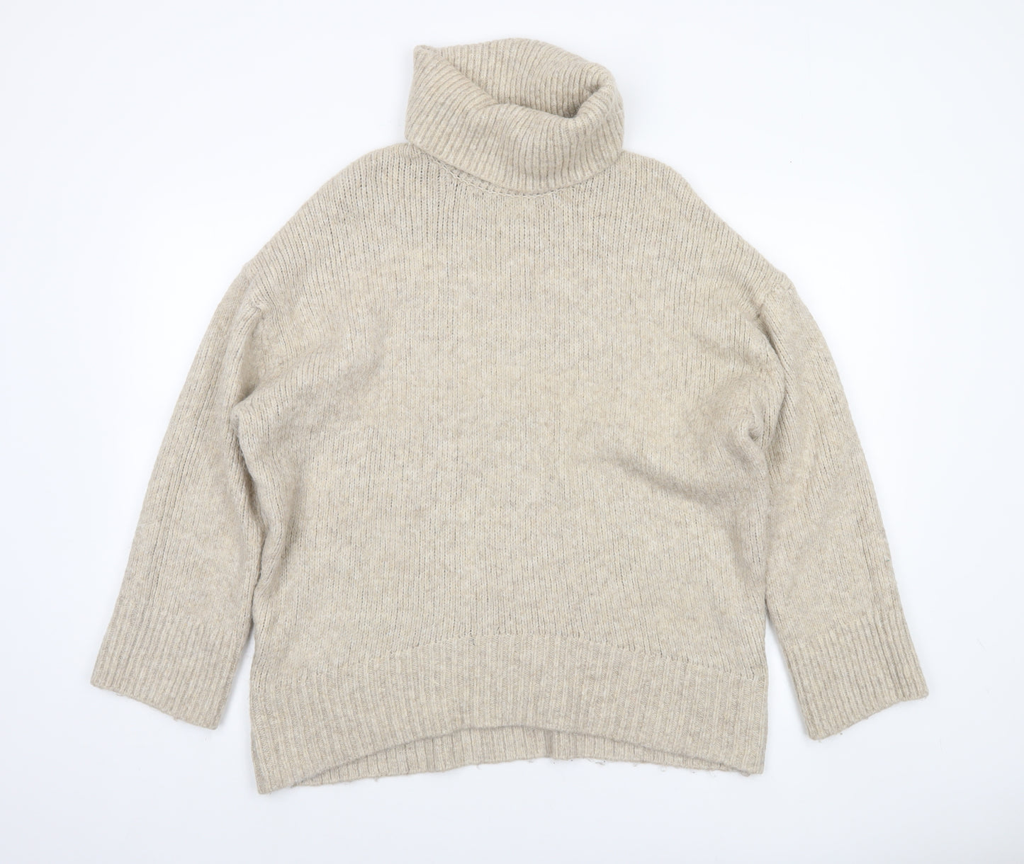 H&M Women Beige Roll Neck Chunky Knit Jumper Size M