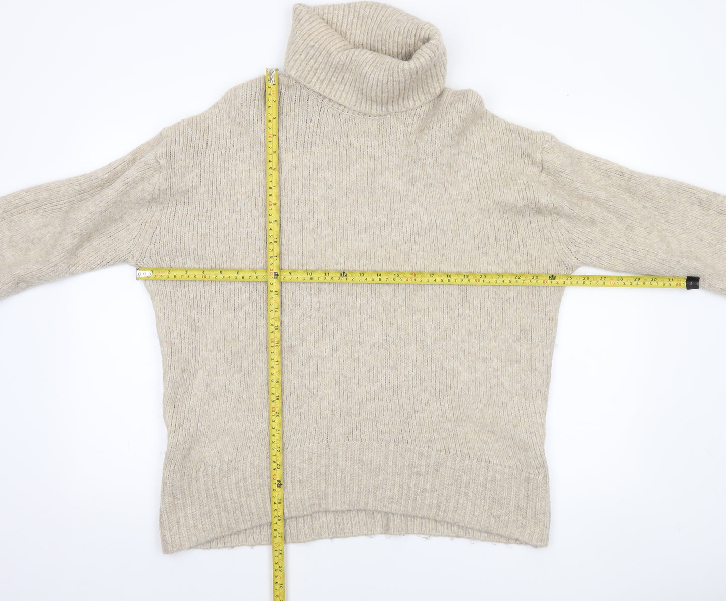 H&M Women Beige Roll Neck Chunky Knit Jumper Size M