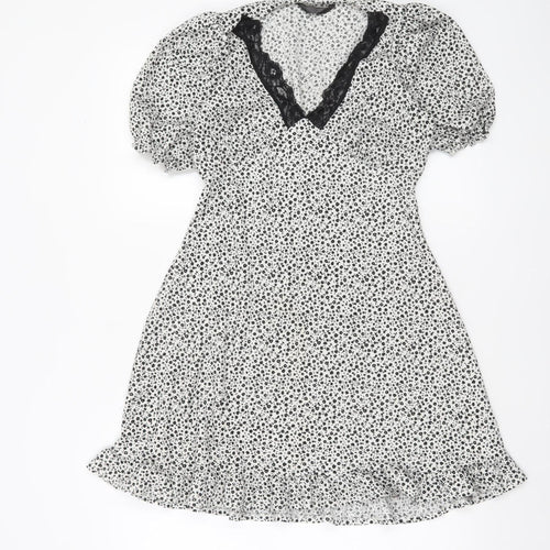 Dunnes Stores Womens White Floral Lace V-Neck Short A-Line Dress Size 10