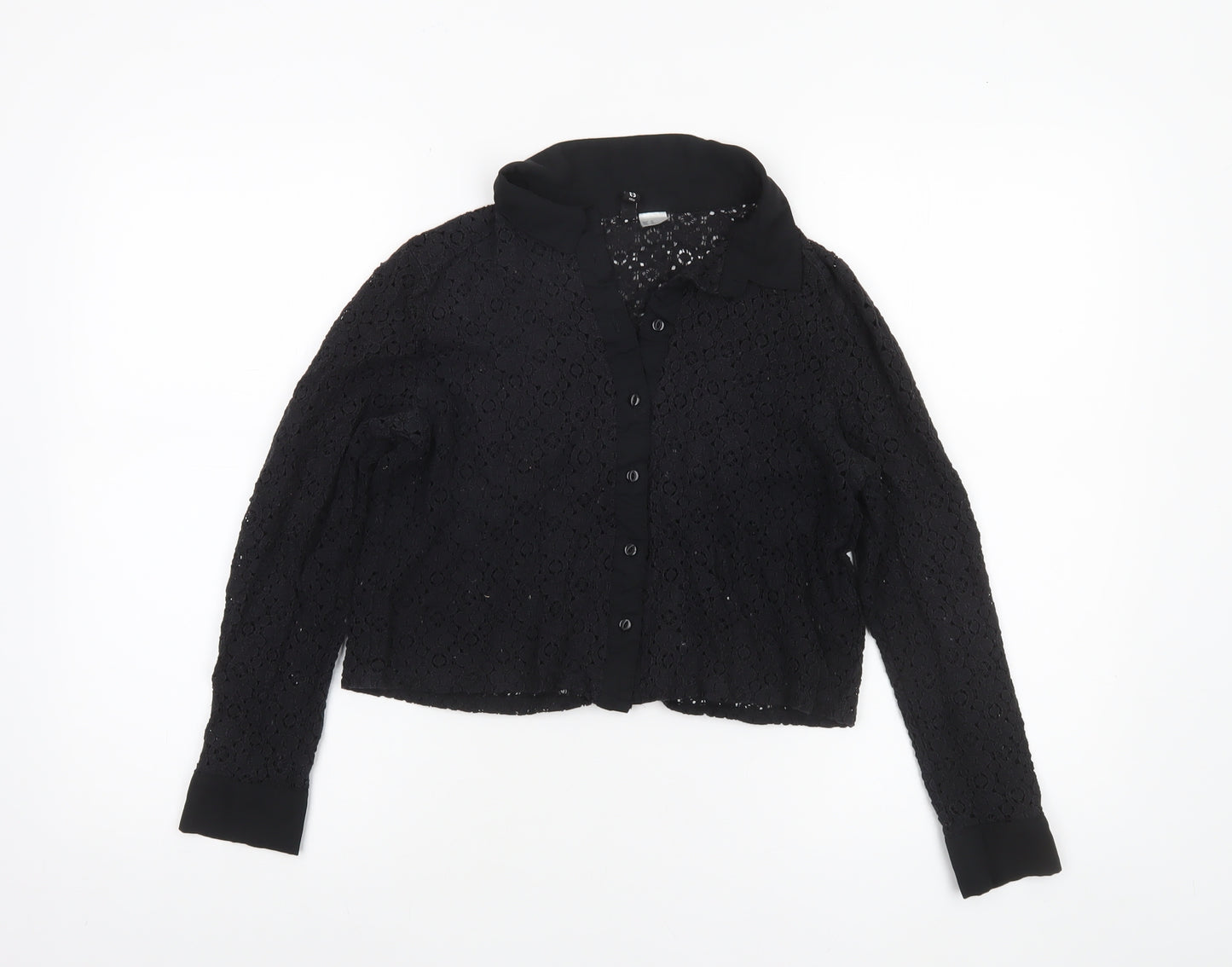 H&M Divided Black Lace Collared Blouse Women Size 12 Long Sleeve