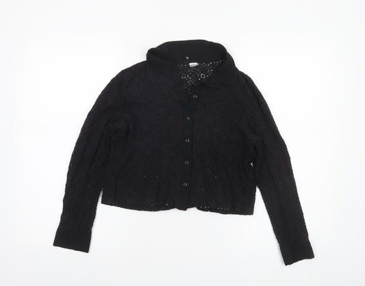 H&M Divided Black Lace Collared Blouse Women Size 12 Long Sleeve