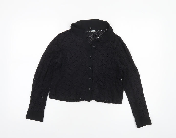 H&M Divided Black Lace Collared Blouse Women Size 12 Long Sleeve