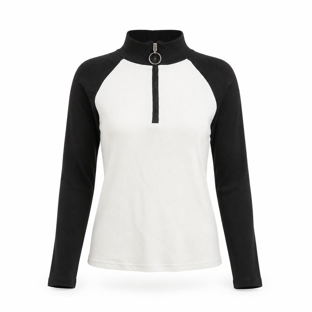TW Women Black & White Long Sleeve 1/2 Zip Mock Neck Top S