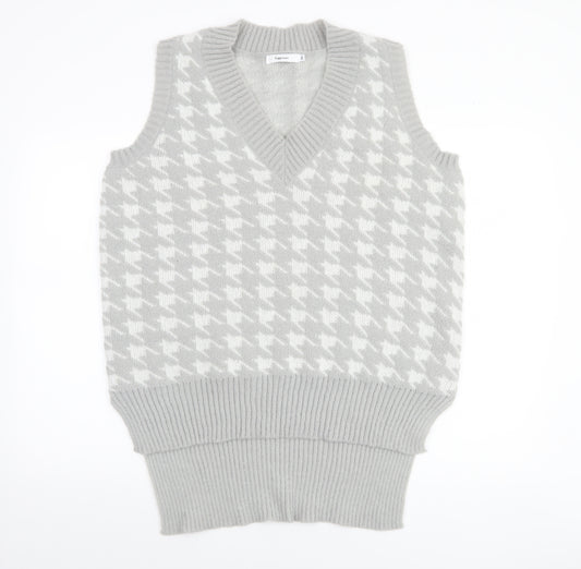 Copperrose Women’s Grey Houndstooth Sleeveless V-Neck Knit Vest Jumper L