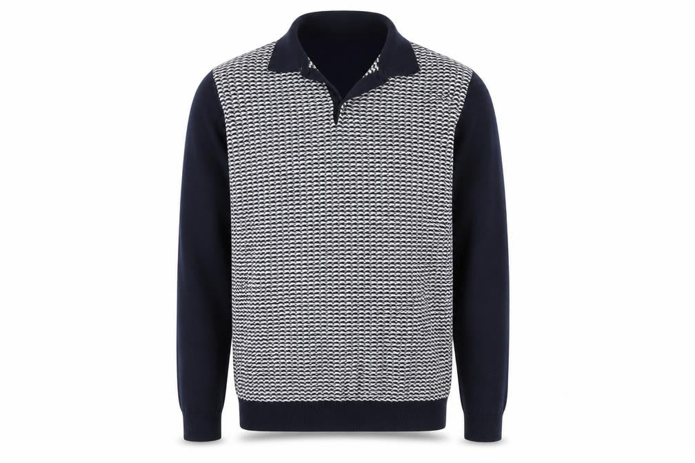 Front view of Next Men's Black Geometric Collared Cotton Knit Jumper, size L